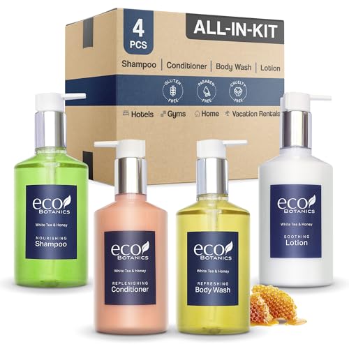 Eco Botanics Hotel Amenities Set - 4 Luxury Toiletries with Pump Bottles