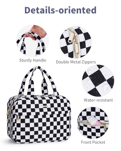 Narwey Hanging Toiletry Bag for Women - Black Checkered Makeup Organizer
