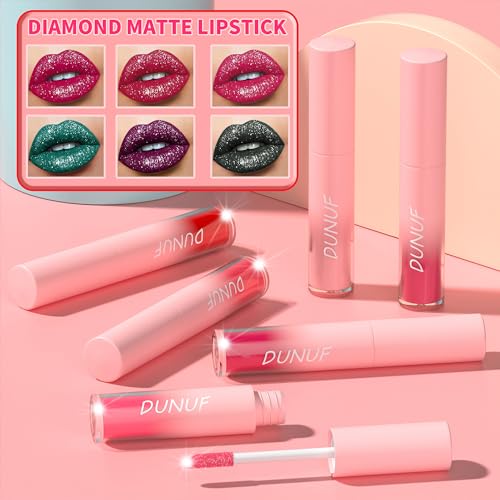 Dulele 12 PCS Diamond Glitter Liquid Lipstick Set, Long Lasting & Non-Stick Cup Metallic Shimmer Matte Full Colour Tinted Lipstick Lip Gloss, Highly Pigmented Shinning Lipstick (Red, M)