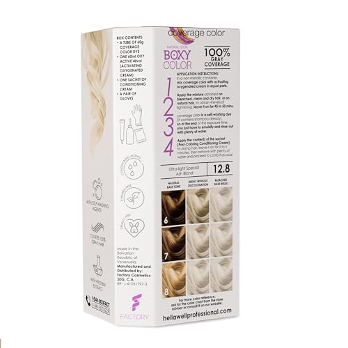 BOXY COLOR Coloring kit professional, permanent color cream hair dye with Vegetal Protein to get Hair with intense color shiny and silky. 100% Gray Coverage. (12.8 Ultra Light Special Ash Blonde)