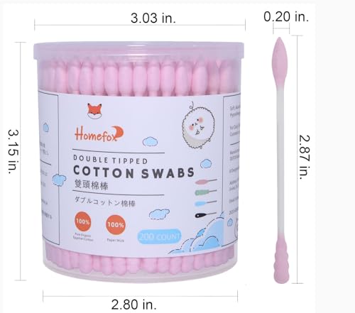 HOMEFOX Organic Cotton Swabs - 200 Count Spiral Pointed Tips