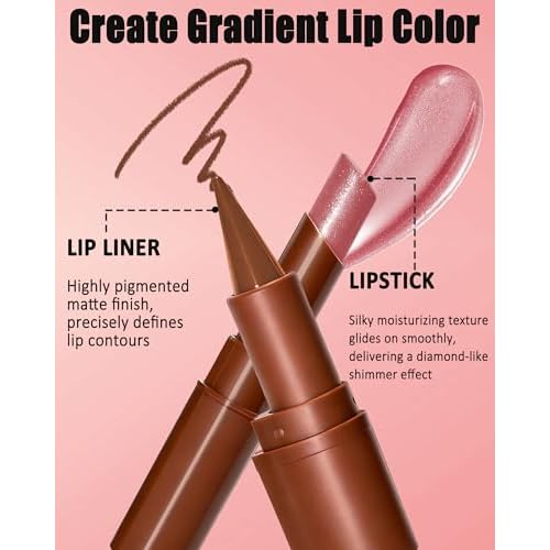 Lip Combo Set, Brown Matte Lip Liner Pencil & Pink Glitter Lipstick Kit, High Shine Highly Pigmented, Nourishing Moisturizing, Long Lasting Plumping Shimmer Lips Gloss Stain, Makeup Gift for Women-01