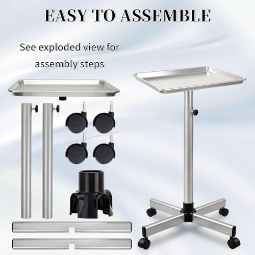 Salon Rolling Tray with Adjustable Height, Metal Mayo Stand