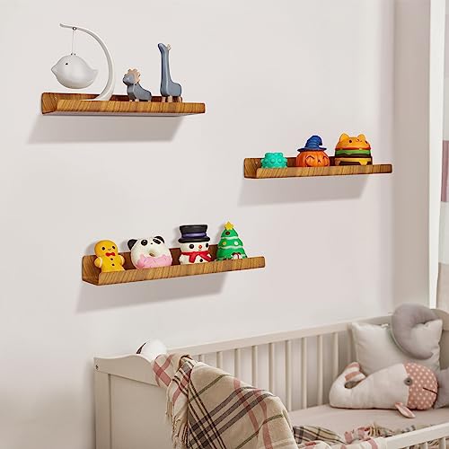 upsimples 4 Pack Acrylic Shelves for Wall Storage, 15" Floating Bookshelves for Kids, Display Shelf Organizer for Bathroom, Bedroom, Living Room, Kitchen, Room Decor, Wood Grain