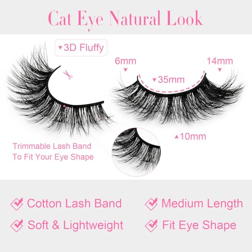 False Lashes with Glue Set Fake Eyelashes with Glue Kit Clear Band 3D Faux Mink Strips Lashes Fluffy Wispy Natural Look 14mm Cat Eye Bulk Pack by EMEDA (14 Pairs LH04)