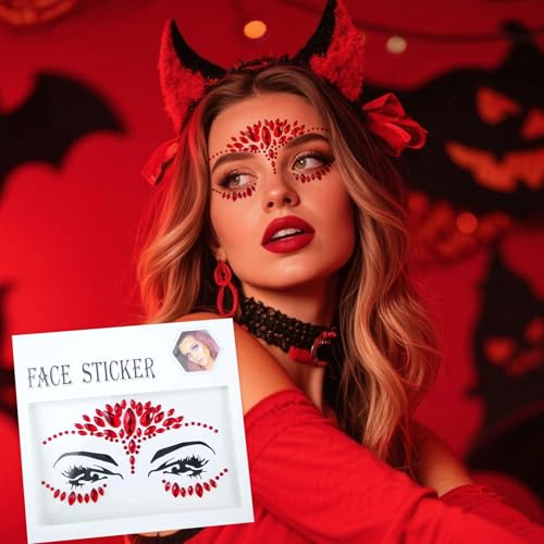 Halloween Face Tattoo Stickers 2-Pack - Black & Red Rhinestones