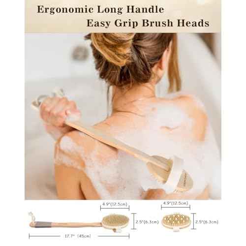 Dry Brushing Body Brush, POPCHOSE Body Scrubber for Men Women, Back Scrubber for Shower, Natural Bristle Exfoliator Scrubber for Body Cellulite and Lymphatic, Long Handle, Detachable, Dual Brush Heads