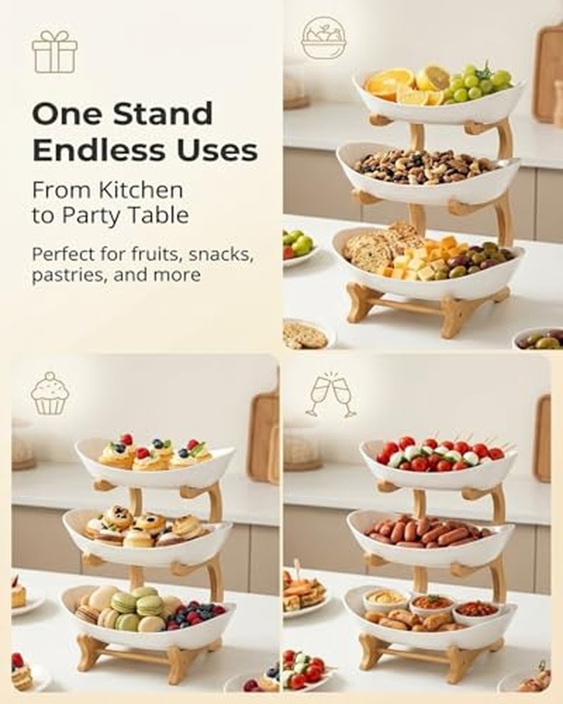 3-Tier Bamboo Fruit Basket with Oval Bowls - Space-Saving Organizer
