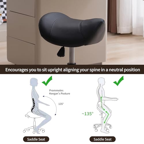 Saddle Stool, Swivel Saddle Stools with Wheels, Adjustable Rolling Stool 18"-26", Faux Leather Rolling Saddle Stool for Salon, Massage, Clinic, Lab, Office (Black, 1PCS (18"-26"))