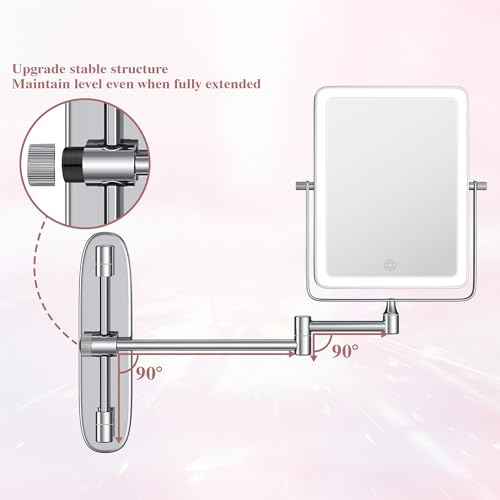 Wall Mounted Lighted Makeup Mirror, Rectangle Double Sided 1X/7X Magnifying Bathroom Height Adjustable Mirror, Rechargeable 3 Color and Dimmable Lights, Extended Arm 360 Rotation Shaving Vanity Mirror