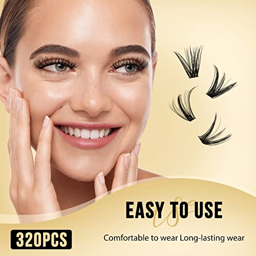 QUEWEL Lash Clusters 320Pcs Cluster Lashes 40D+50D C Curl Lash Cluster Eyelash Extensions Mix12-18mm Individual Eyelashes Clusters Wispy Lash Clusters Thin Band Soft to Use at Home(40D+50D C Mix12-18)