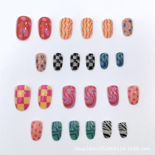 Short Almond Press-On Nails Set - 24pcs Colorful Acrylic with Geometric Design