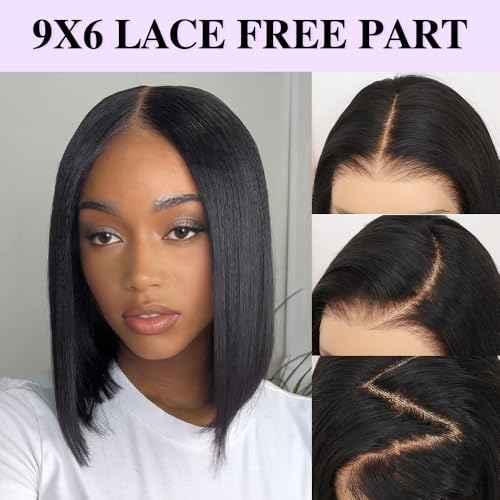 Bob Wig Human Hair Glueless Wigs Human Hair Pre Plucked Pre Cut Yaki Straight Human Hair Wig 180% Density 9x6 HD Lace Front Wigs for Black Women 14Inch