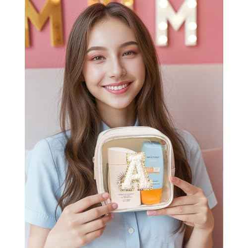 KOTORA Initial Make Up Bag Travel Toiletry Bag, Clear Makeup Bag Preppy Cosmetic Bags Organizer Easter Basket Essentials Pink Gifts for Women Girlfriend Teacher Mom Brithday Small Makeup Bag Beige A