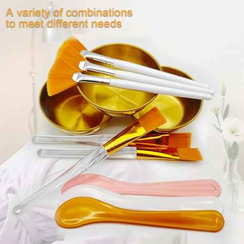 12 Pcs Gold Facial Bowl and Brush Set - 3 Stainless Steel Mixing Bowls, 3 Flat Brushes, 3 Fan Brushes, 3 Mask Applicators - Complete Esthetician Kit for Professional Spa & DIY Skincare