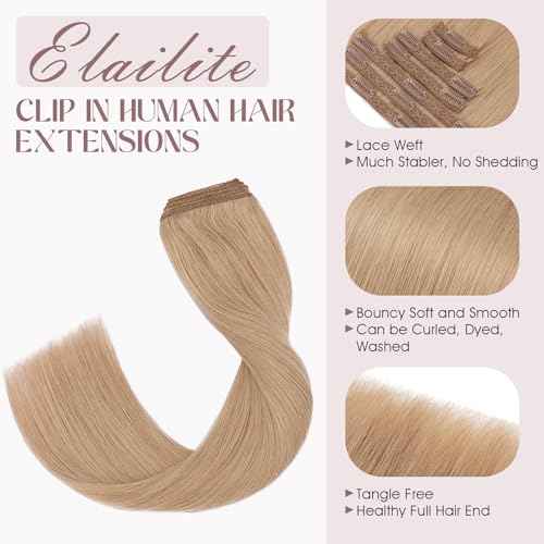Elailite Clip in Hair Extensions Real Human Hair, Remy Hairpieces for Women, 7PCS Lace Weft Full Head, 12 Inch 90g Dark Blonde