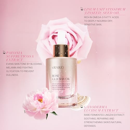VRAIKO Gua Sha Face Oil Serum | Rosa Rugosa Flower & Jojoba Seed Oil Product | Detox, Plump, Anti-Oxidant, Soothing | Nourish, Cruelty Free, Natural, 1 fl oz