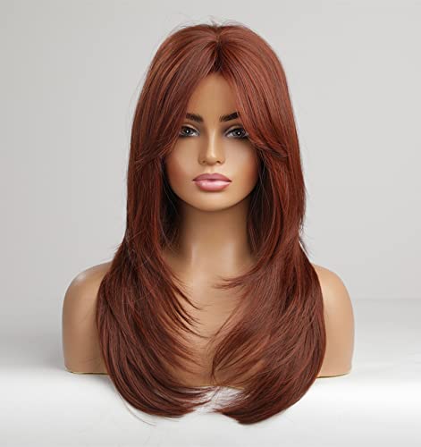 vedar Red Head, Synthetic Hair Red Wigs with Bangs, Natural Wavy Layered Long Hair Copper Red Wigs for Women, 20 inch VEDAR-270