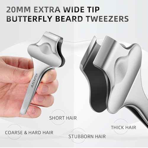 Butterfly Beard Tweezers, Hair Plucking, Fine Hair Removal Tweezers, Eyebrows Tool, Stainless Steel, 20mm Wide Tips, Anti-Slip Slot, Brown PU Case 1Pack