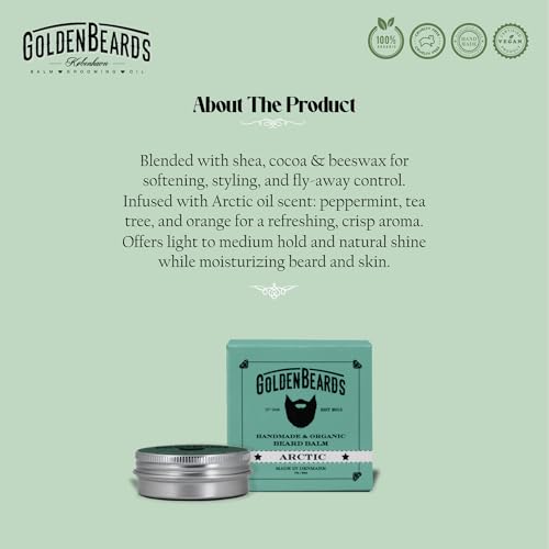 Golden Beards Organic Beard Balm Arctic ? Shea, Cocoa & Beeswax Blend with Peppermint, Tea Tree & Orange Scent ? 30ml Vegan Handmade Styling Balm for Beard Hydration & Freshness, Handmade in Denmark.