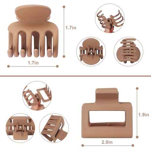 Medium Hair Clips Combination 2 Styles Small Claw Clips for Thin Hair 8 Pcs Matte Non-slip Rectangle Jaw Clips Square Hair Accessories for Women and Girls (Brown)