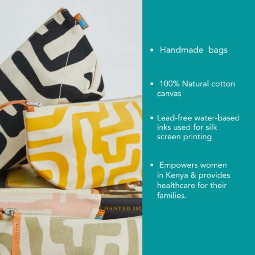 Ubuntu Life Kuba Pouch ? Makeup & Toiletry Bag for Women Made with Natural Cotton Canvas, Stylish Cosmetic Bag with Kuba African Print (Black & Eggshell, Large)