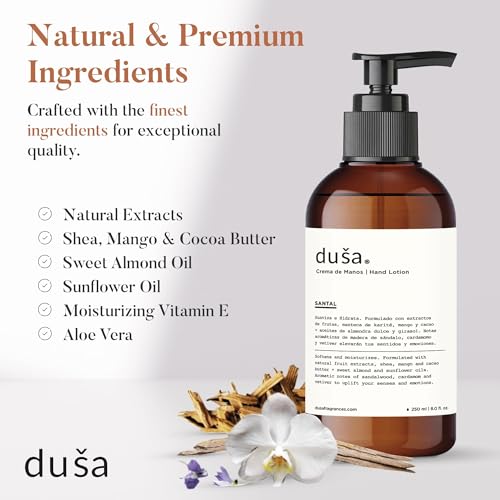DUSA Premium Natural Santal Hand Lotion ? 8 oz - Vegan Moisturizing Hand Cream, Deep Hydration with Shea, Mango & Cocoa Butter, Sweet Almond & Sunflower Oils ? Softens & Nourishes Dry Skin