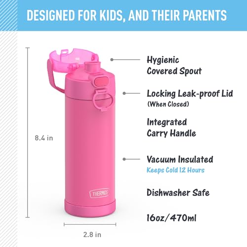 THERMOS FUNTAINER 16 Ounce Stainless Steel Vacuum Insulated Bottle with Wide Spout Lid, Neon Pink