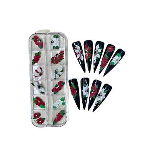 3D Acrylic Christmas Flower Nail Art Charms Handmade by Acrylic Powder - 24pcs Noel Flowers Nail Rhinestones Kit 3D Nails Design Xmas Nail Art for Women (Christmas Flowers 2-Medium & Long Size)