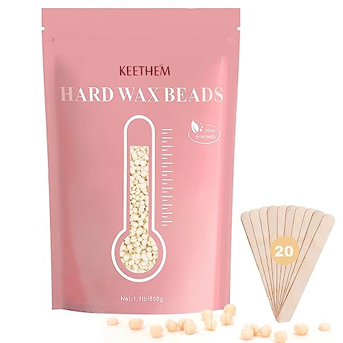 Painless Hard Wax Beads for Full Body Hair Removal, 1.1lb/17.6oz - Sensitive Skin, Bikini, Brazilian, Armpit, Home Waxing Kit for Women and Men with 20 Sticks (Cream)