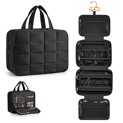 Travel Toiletry Bag with Separate Jewelry Organizer, Water-resistant Makeup Bag with Hanging Hook, Large Capacity Travel Organizer for Toiletries, Cosmetic, Vacation Essentials - Large
