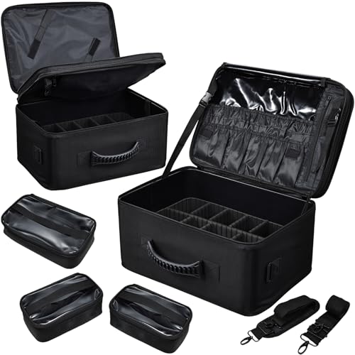Costravio Makeup Bag Organizer Large Makeup Case Backpack Professional 2 Layers Cosmetic Storage Organizer Brush Slot with 3 Clear Set Bags for Makeup Artists with Shoulder Strap Adjustable Dividers
