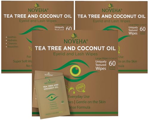 NOVEHA 3 Pack Tea Tree & Coconut Oil Eyelid & Lash Wipes for Demodex & Itchy Eyes