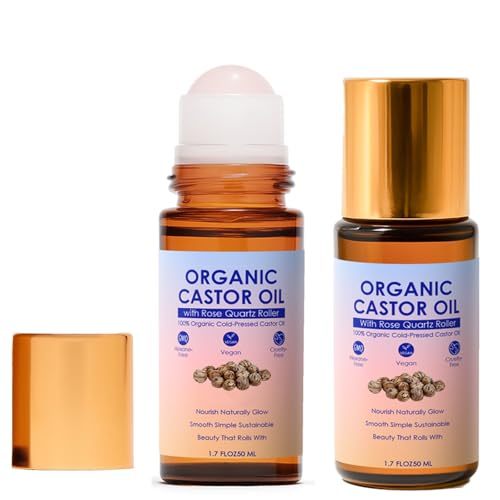 Organic Golden Castor Oil Roll-On with Rose Quartz Roller, Cold-Pressed Pure Organic Castor Oil Roller Ball for Hair Growth, Eyelashes, Eyebrows & Skin, 1.7 fl oz (2)