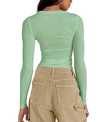 Abardsion Women's Casual Basic Going Out Crop Tops Slim Fit Long Sleeve Crew Neck Tight T Shirts (Mint Green, XL)