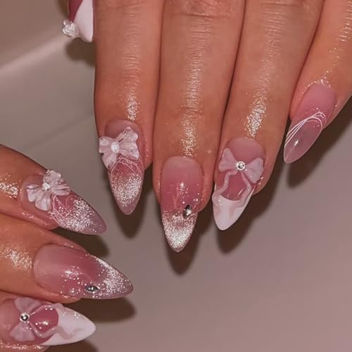 YIHONGYAN Almond Cat Eye Bow Nail Kit - French Press-On False Nails for Women, Blush Art Tips, 24Pcs