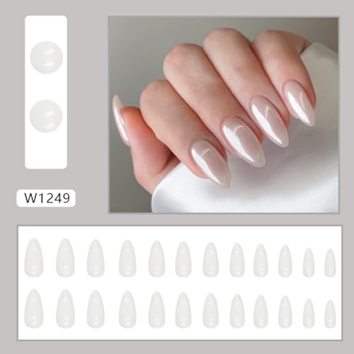 Press On Nails Almond Medium 24pc White Aurora Design