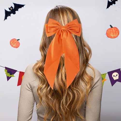 Halloween Fall Orange Hair Bows for Women, 2PCS Silky Satin Hair Bows with Long Tail Oversized French Hair Bow Barrettes Hair Accessories for Halloween Thanksgiving Autumn Holiday