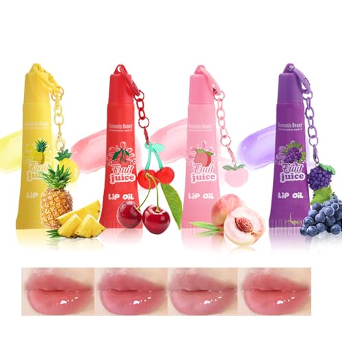 4PCS Fruit-Flavored Hydrating Lip Gloss Set,Moisturizing and Nourishing Keychain Lip Balm,Keychain Clear Glossy Lip Oil Kit,High-Shine Finish Makeup
