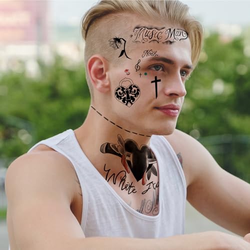 4 Sheets Cosplay Hip-Hop Temporary Face and Body Tattoos ? Rapper-Inspired Fake Tattoo Stickers for Men, Women and Kids ? Realistic Waterproof Tattoos for Cosplay, Halloween, Parties
