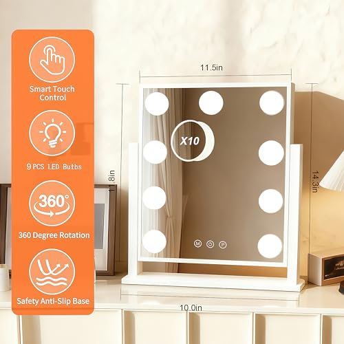 Lighted Vanity Mirror with 9 LED Lights, Detachable 10x Magnifying Mirror, 3-Color dimmable Hollywood Makeup Mirror, Smart Touch Control, Metal Frame, 360-degree Rotation, White/Black (White)