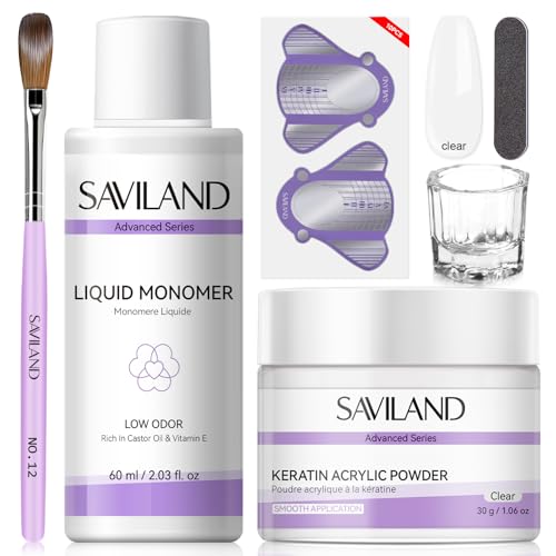 SAVILAND Advanced Acrylic Nail Kit for Beginners: 30g Clear Acrylic Powder and Liquid Set with #12 Nail Brush, Forms & Manicure Tools for Extensions DIY 3D Nail Art Sculpting Home Salon Use