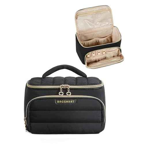 BAGSMART Travel Makeup Bag with Jewelry Organizer, Portable Make Up Bag, Puffy Wide-Opening Cosmetic Storage Pouch for Women¡¯s Toiletries and Travel Essentials (Black)