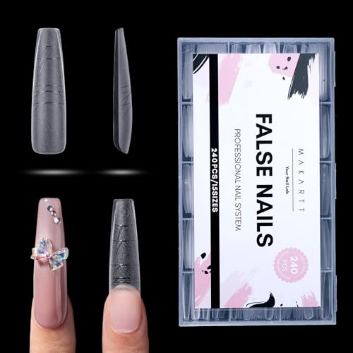 Makartt Extra Long Coffin Nail Tips with Built-In Guides - 240PCS, Dual Matte Finish, 15 Sizes, Easy Reshape for Almond, Square, Oval, Stiletto Styles, DIY & Salon