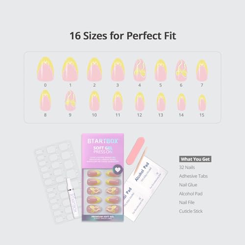 BTArtbox Short Almond French Tip Press On Nails - Sunny Side 32 Pcs Full Kit
