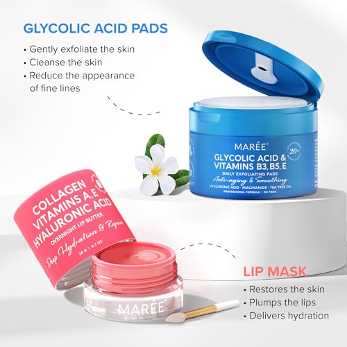 MAREE Bundle - Lip Mask & Glycolic Peel Pads - Hyaluronic Acid & Coconut Oil - Salicylic Acid & Vitamins E, B3, B - Nourish & Hydrate Dry Cracked Lips - Face Pads with Cleaning Effect