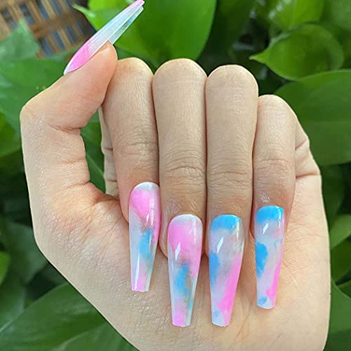 Outyua Glossy Smoke Pattern Fake Nails Coffin Extra Long Press on Nails with Design Ballerina Acrylic Super Long False Nails Designer Full Cover Artificial Nails for Women and Girls 24Pcs (Colorful)