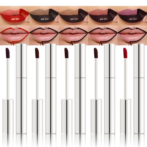 5Pcs Quick Drying Peel off Lip Liner Stain Set, Natural Matte Peel off Lip Liner Stain for Conturing Filling Lips, Maroon Plum Coral Brown Chestnut Lip Stains Tints Long Lasting Waterproof, Easy Apply