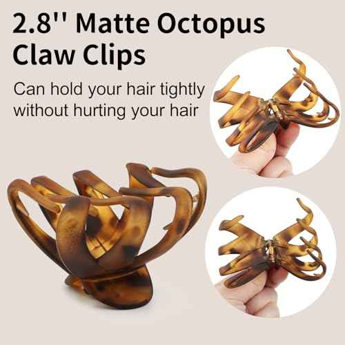 2.8" Medium Octopus Hair Clips for Women, Matte Claw Clips for Thin Hair, 90' Strong Hold Non-slip Spider Octopus Clip for Fine Hair Jaw Clips (Black & Tortoise)