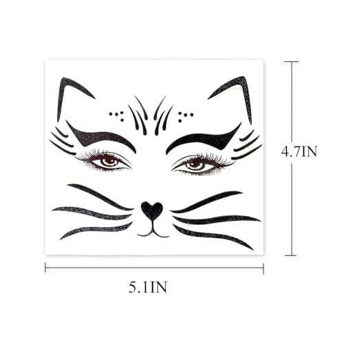 2 Pack Halloween Cat Temporary Tattoos - Glitter Halloween Face & Body Stickers for Women, Realistic Animal Skin Decals for Cosplay, Makeup & Festive Looks (4-black cat)